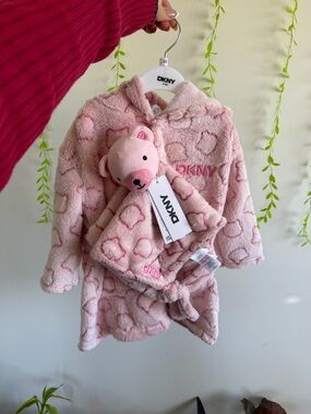 DKNY Pink Bear Plush Kids Robe with Bear Hooded Towel